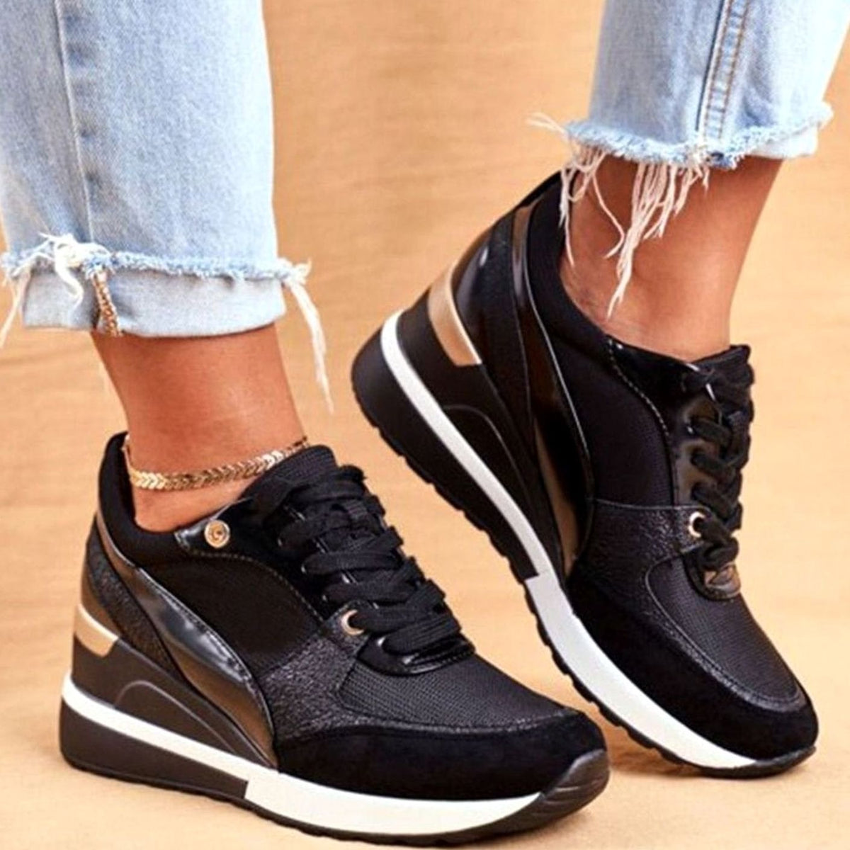 Women's Metallic Panel Lace-Up Wedge Sneakers