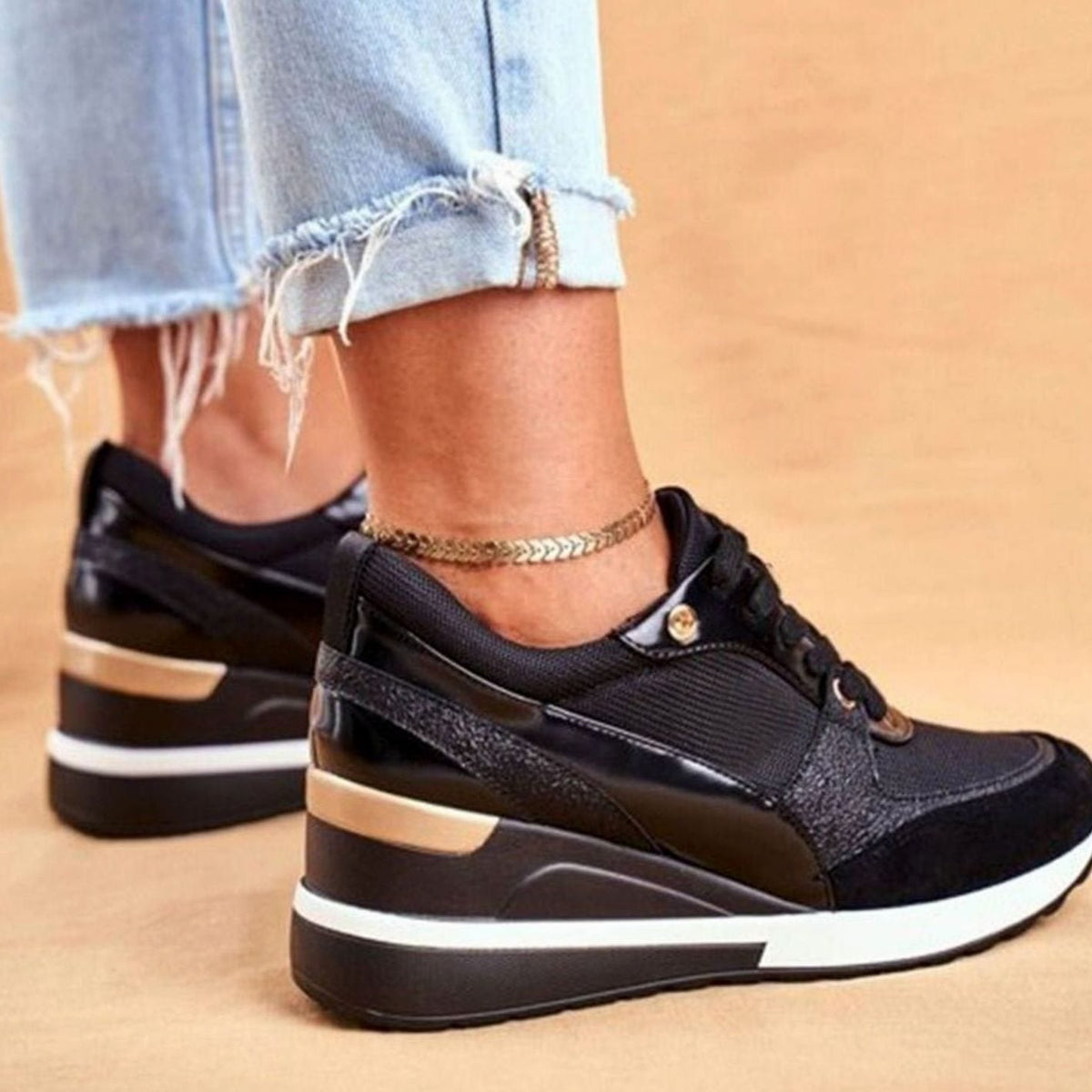 Women's Metallic Panel Lace-Up Wedge Sneakers