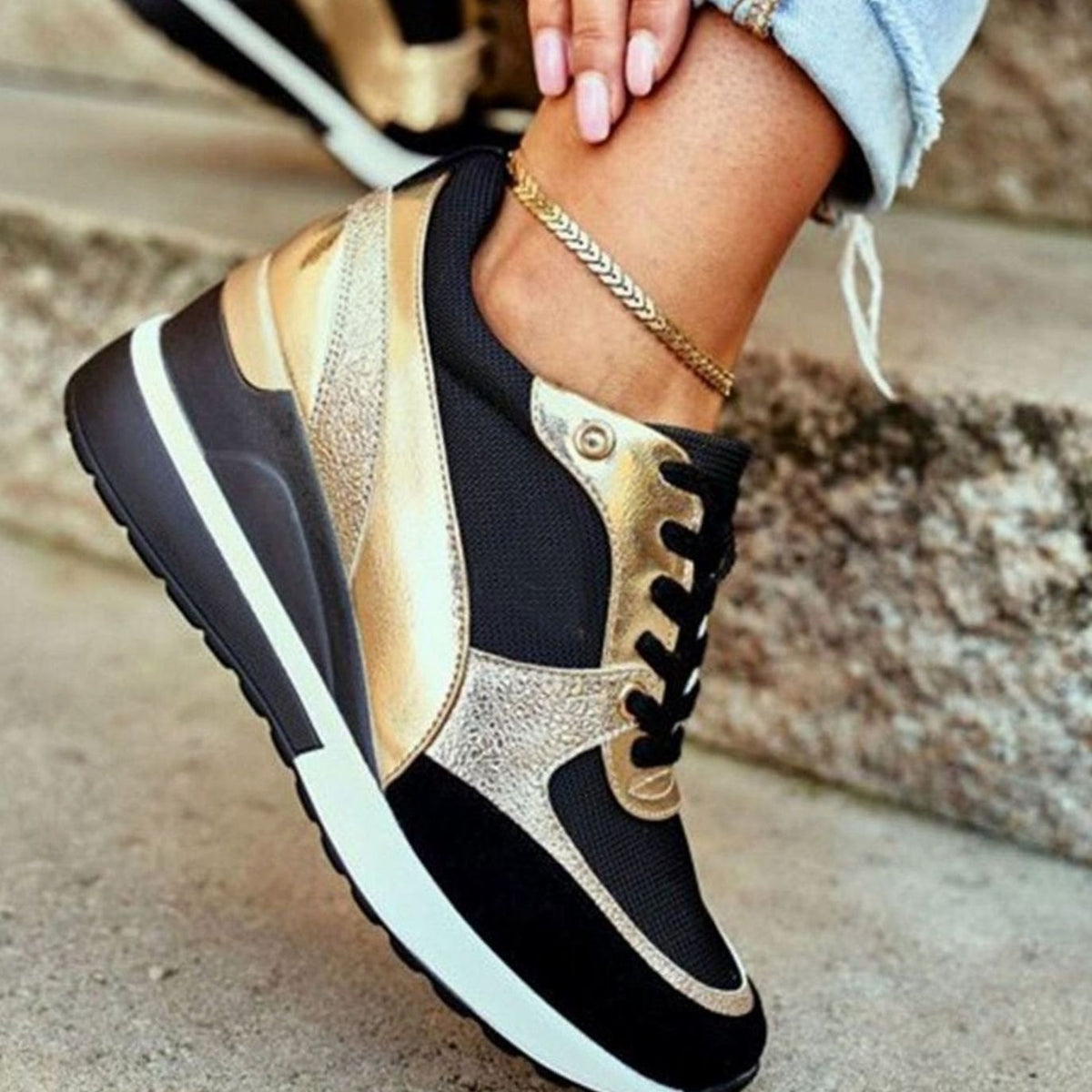Women's Metallic Panel Lace-Up Wedge Sneakers