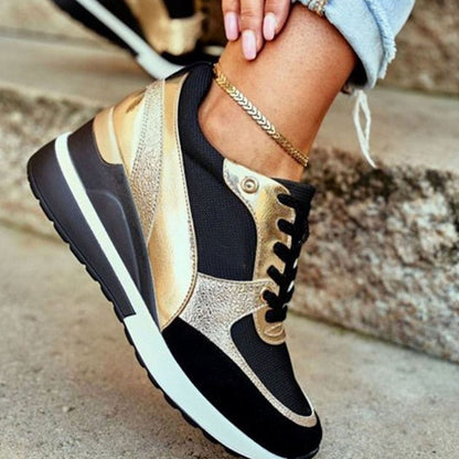 Women's Metallic Panel Lace-Up Wedge Sneakers