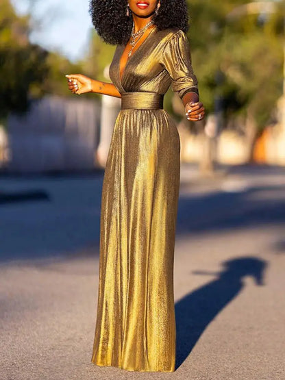 Women's Metallic V-Neck Wide-Leg Jumpsuit