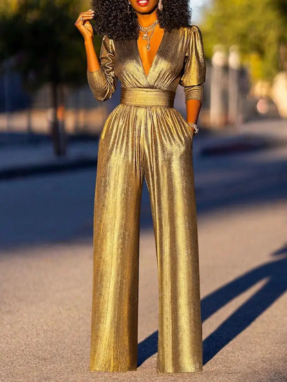 Women's Metallic V-Neck Wide-Leg Jumpsuit