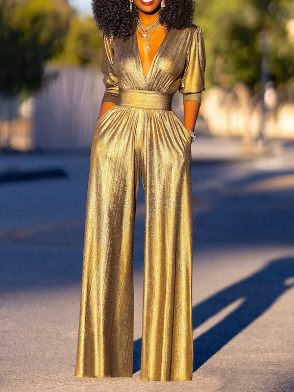 Women's Metallic V-Neck Wide-Leg Jumpsuit