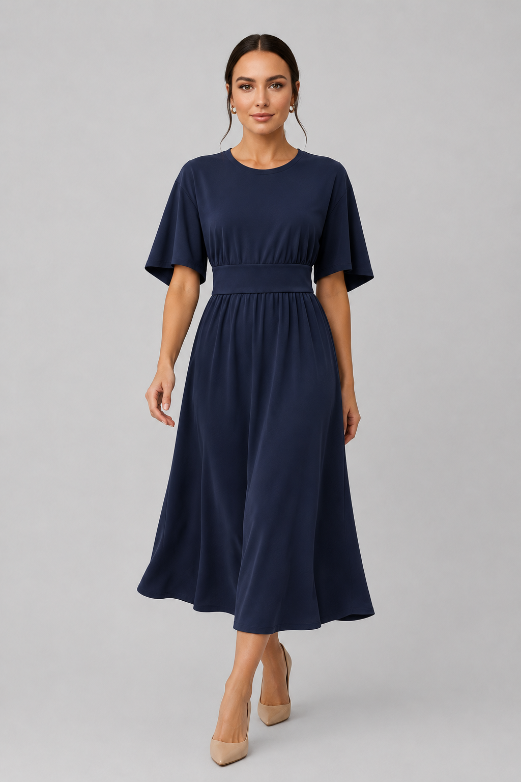 Women's Midi Dress with Wide Sleeves and Belt