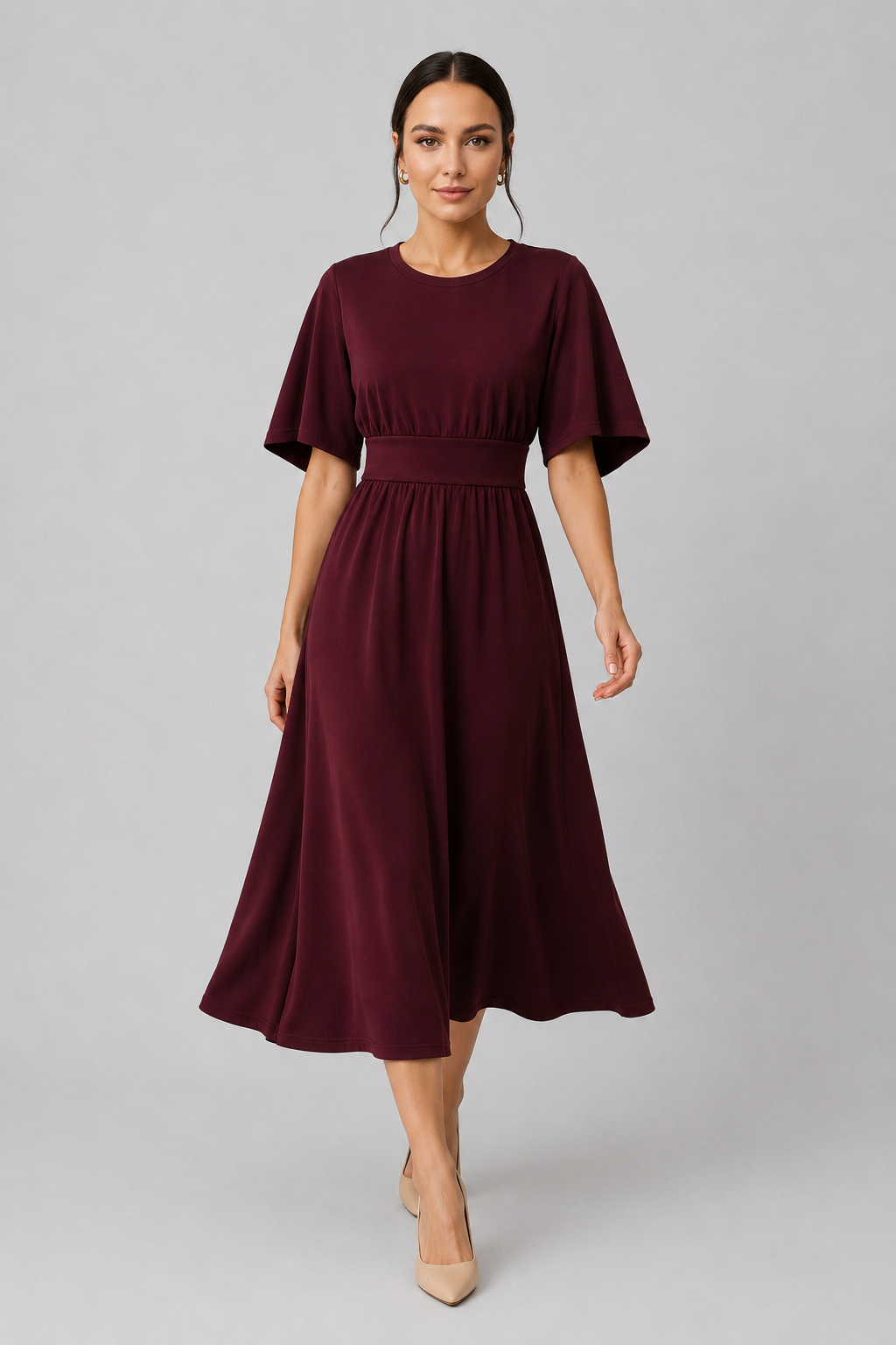 Women's Midi Dress with Wide Sleeves and Belt