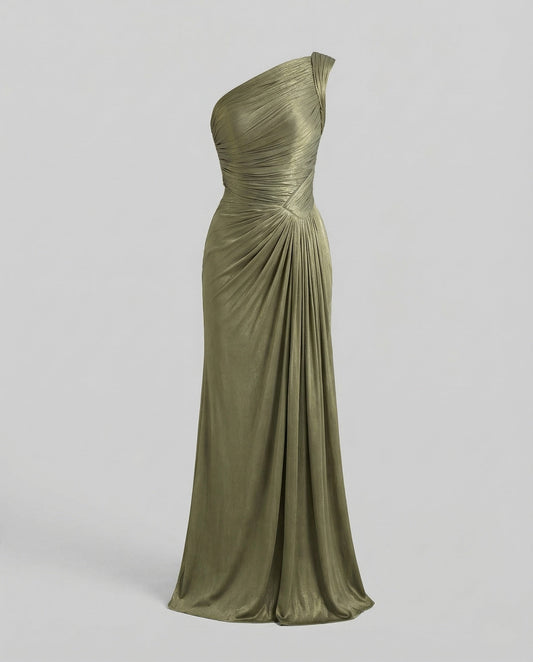 Women's One-Shoulder Draped Maxi Evening Dress with Leg Slit – Olive