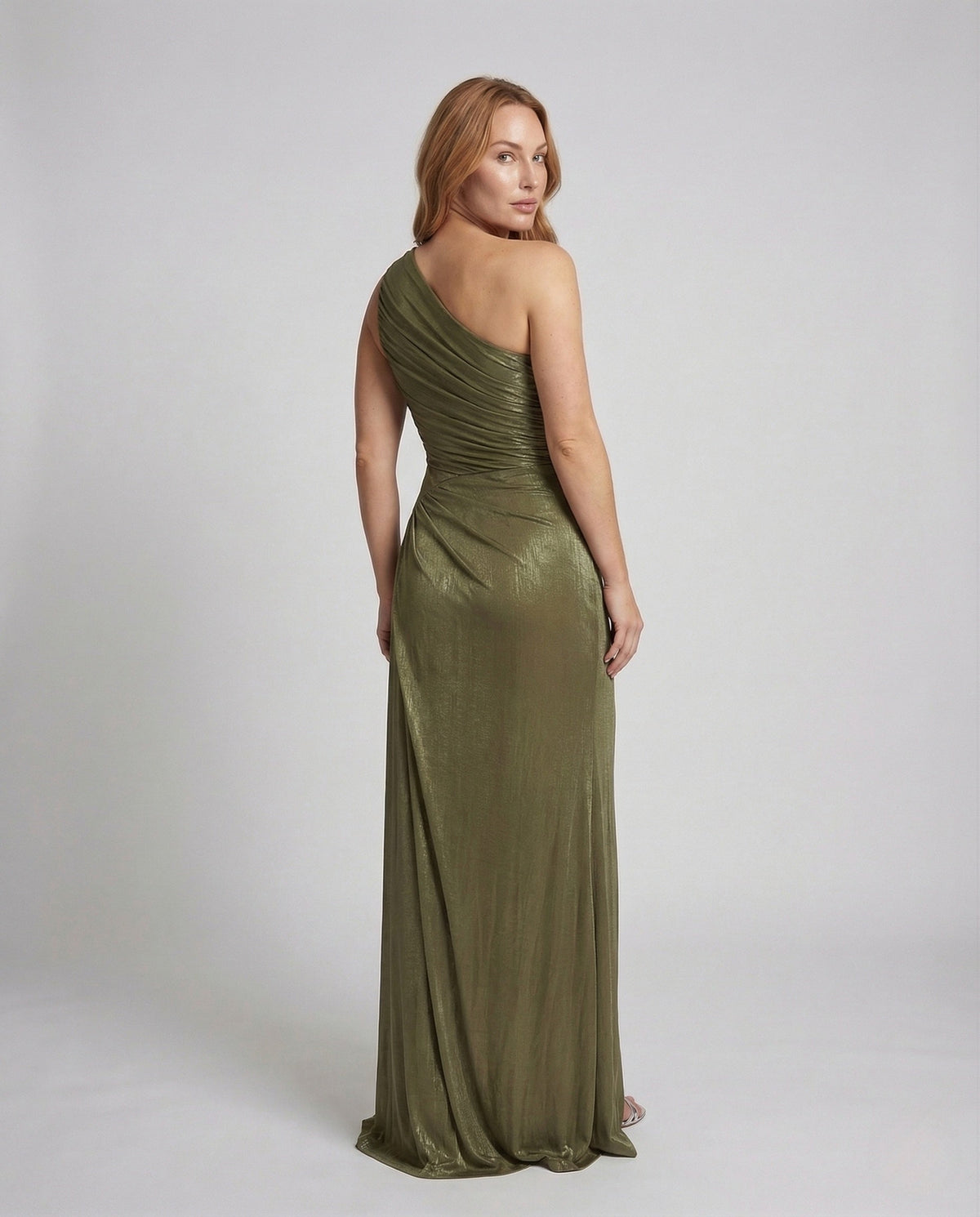 Women's One-Shoulder Draped Maxi Evening Dress with Leg Slit – Olive
