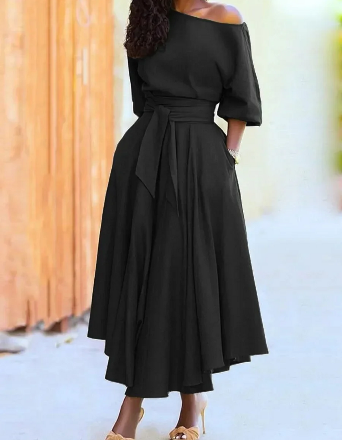 Women's One-Shoulder Midi Dress with Tie Belt and Pockets