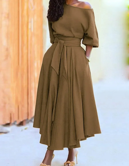 Women's One-Shoulder Midi Dress with Tie Belt and Pockets