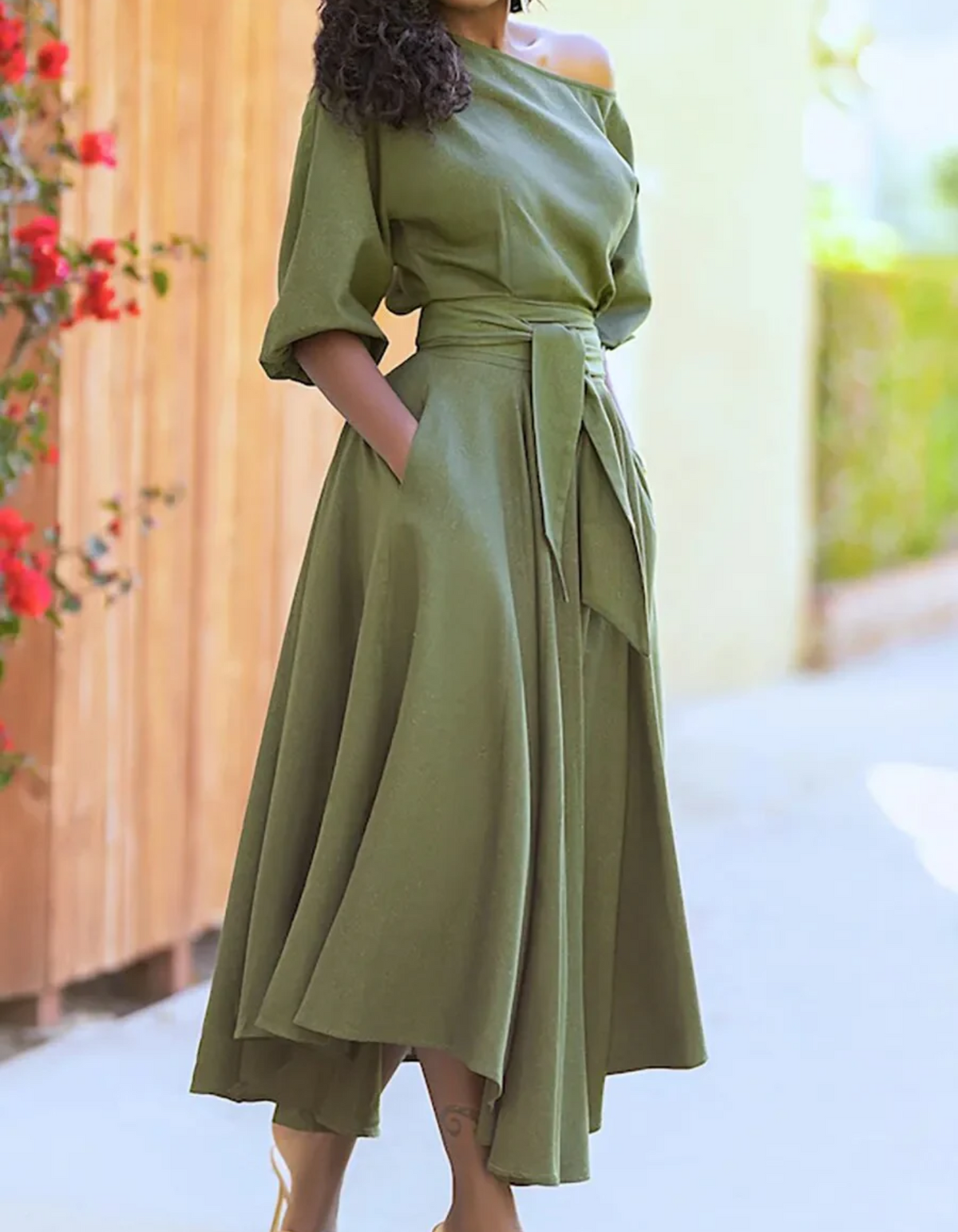 Women's One-Shoulder Midi Dress with Tie Belt and Pockets