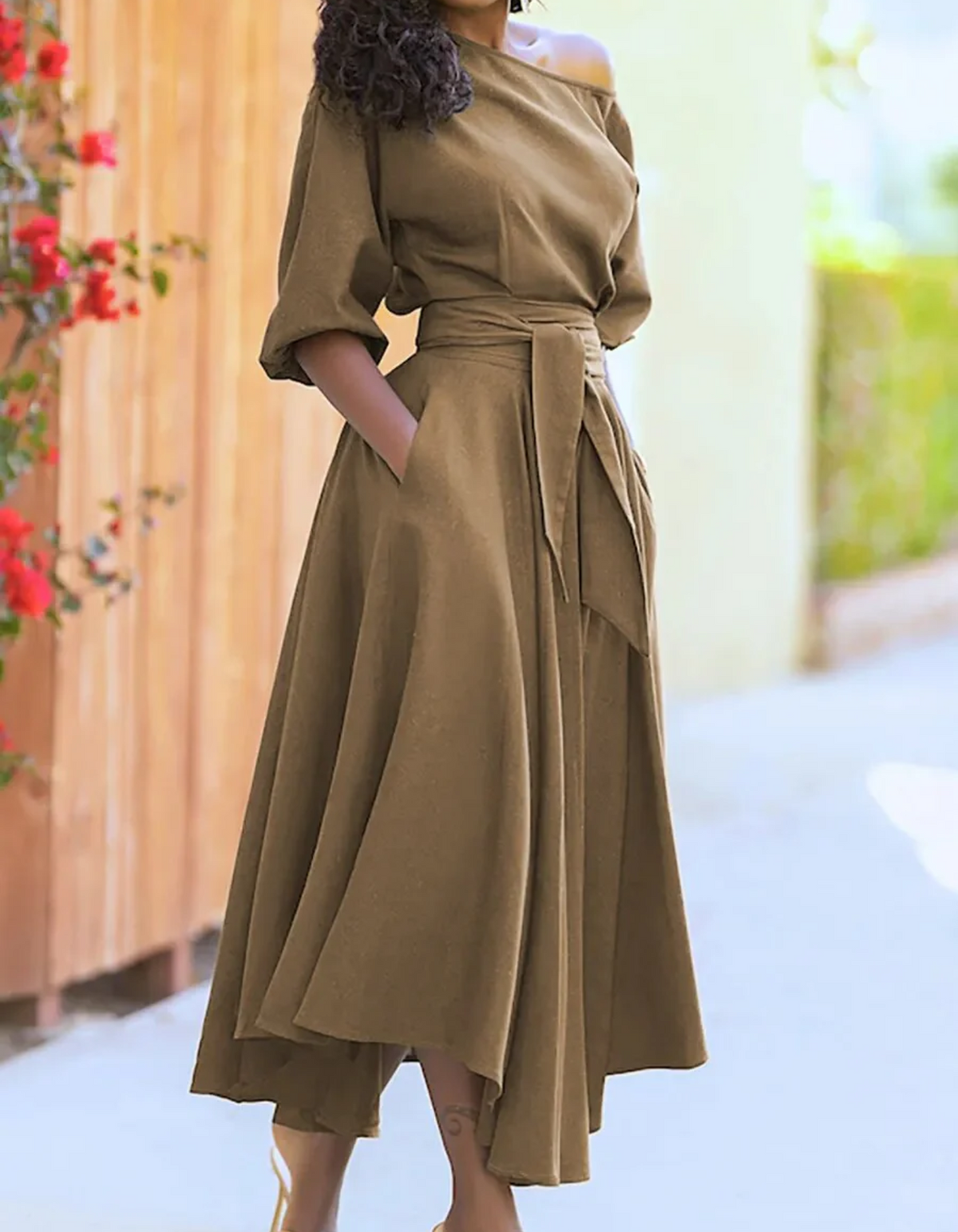 Women's One-Shoulder Midi Dress with Tie Belt and Pockets