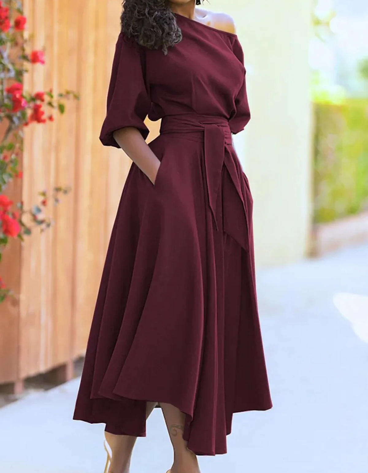 Women's One-Shoulder Midi Dress with Tie Belt and Pockets