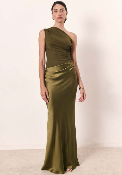 Women's One-Shoulder Sleeveless Satin Skirt Maxi Dress