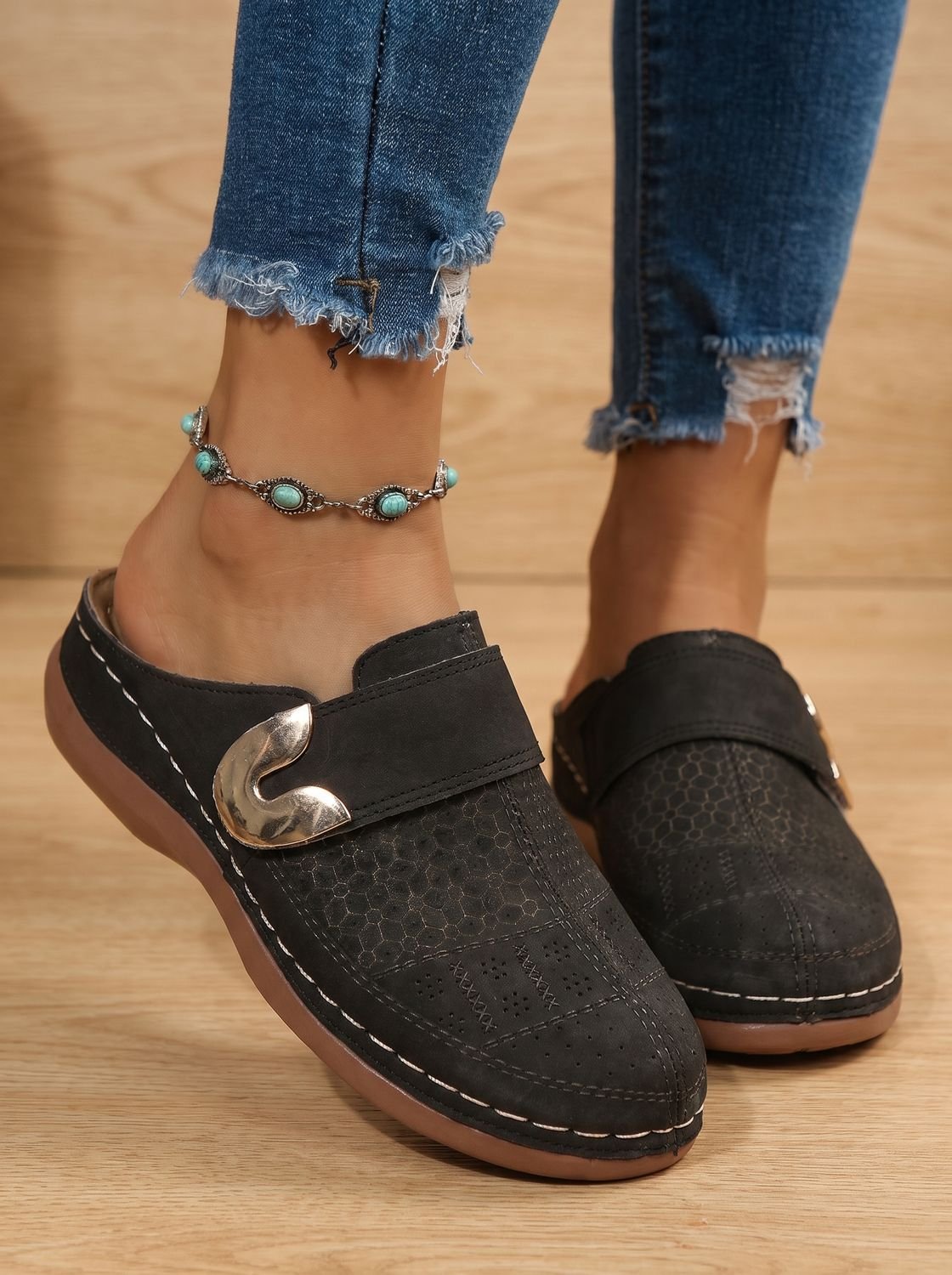 Women's Orthopedic Honeycomb-Textured Velcro Slip-On Mule Clogs