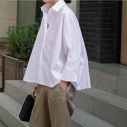 Women's Oversized Boxy Shirt Blouse with Dropped Shoulders and Extended Back