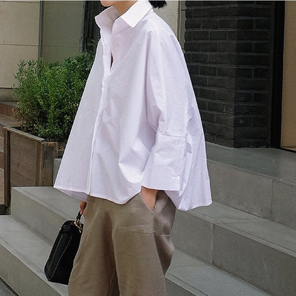 Women's Oversized Boxy Shirt Blouse with Dropped Shoulders and Extended Back