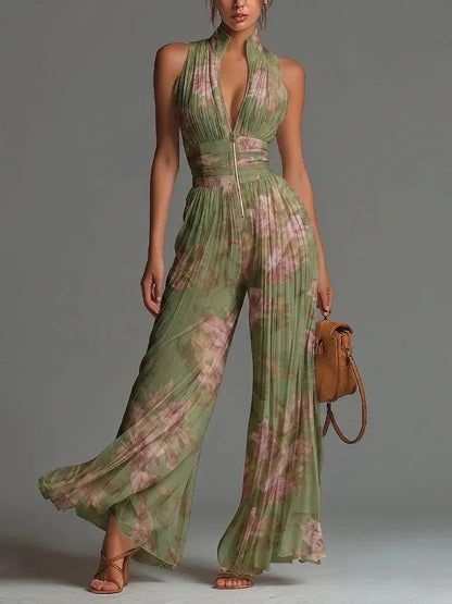 Women's Pleated Floral Halter Jumpsuit