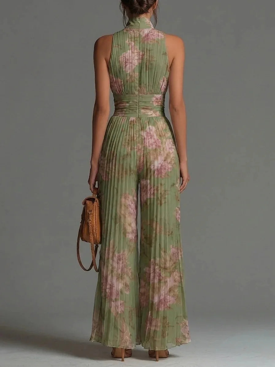 Women's Pleated Floral Halter Jumpsuit