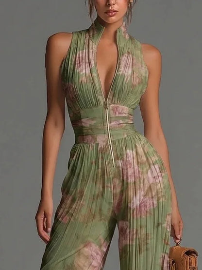 Women's Pleated Floral Halter Jumpsuit