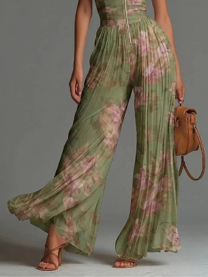 Women's Pleated Floral Halter Jumpsuit
