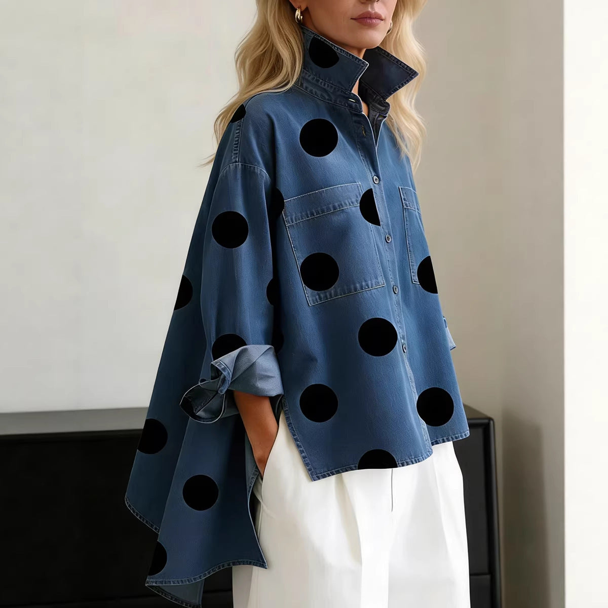 Women's Polka Dot Shirt Blouse with Pockets