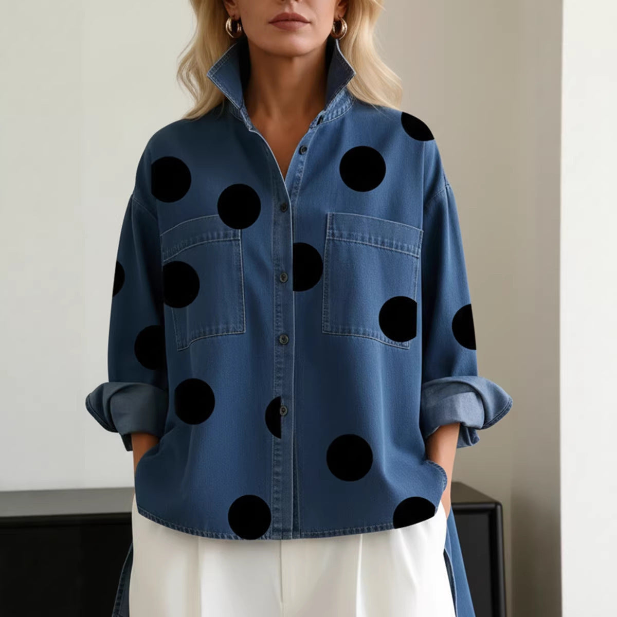 Women's Polka Dot Shirt Blouse with Pockets