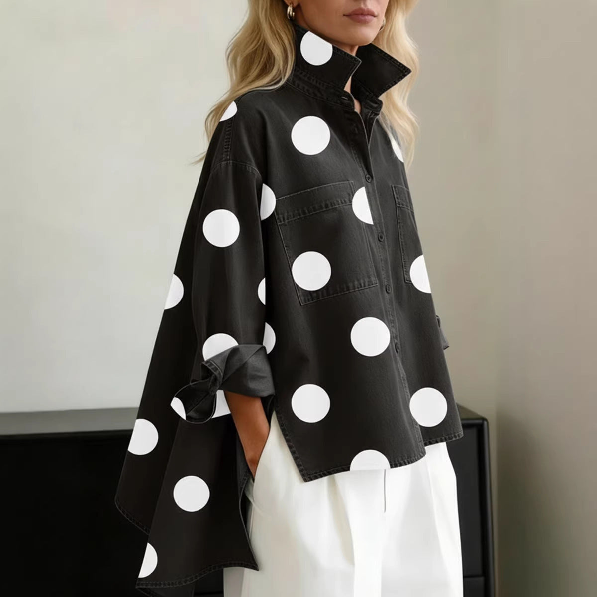 Women's Polka Dot Shirt Blouse with Pockets