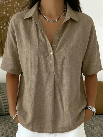 Women's Relaxed-Fit Snap-Button Collared Linen Pullover Top