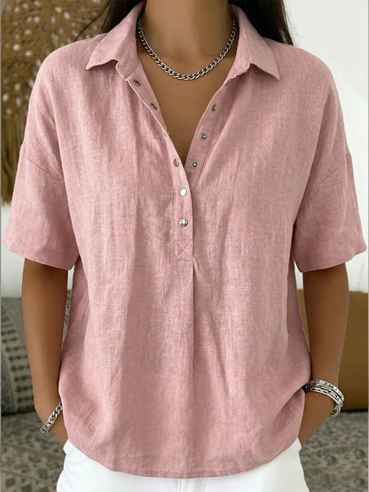 Women's Relaxed-Fit Snap-Button Collared Linen Pullover Top