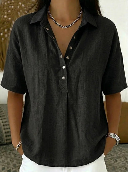 Women's Relaxed-Fit Snap-Button Collared Linen Pullover Top