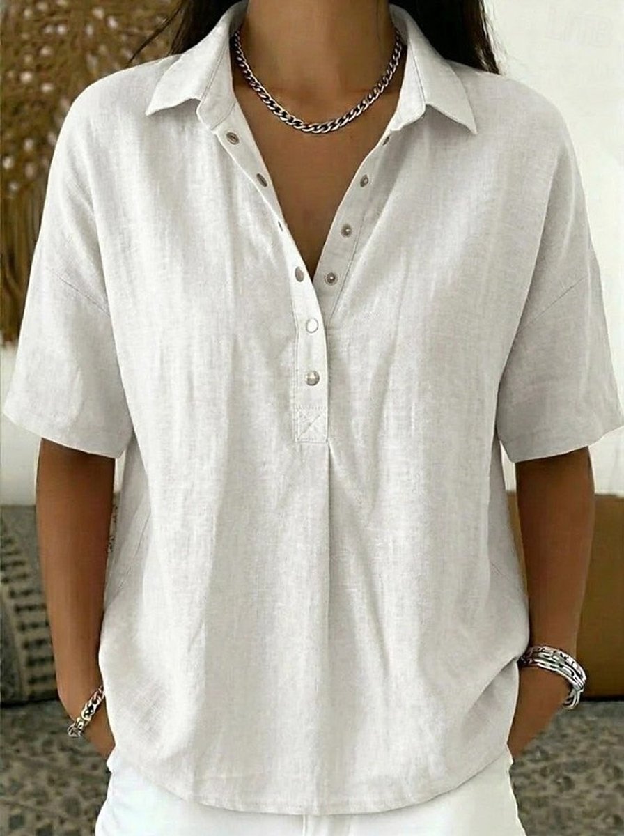 Women's Relaxed-Fit Snap-Button Collared Linen Pullover Top