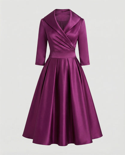 Women's Retro Midi Dress with Shawl Collar