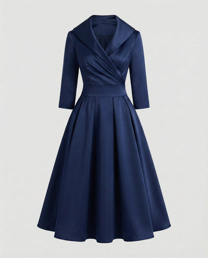 Women's Retro Midi Dress with Shawl Collar