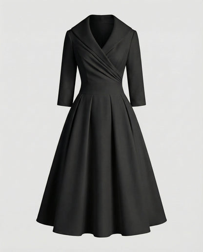 Women's Retro Midi Dress with Shawl Collar