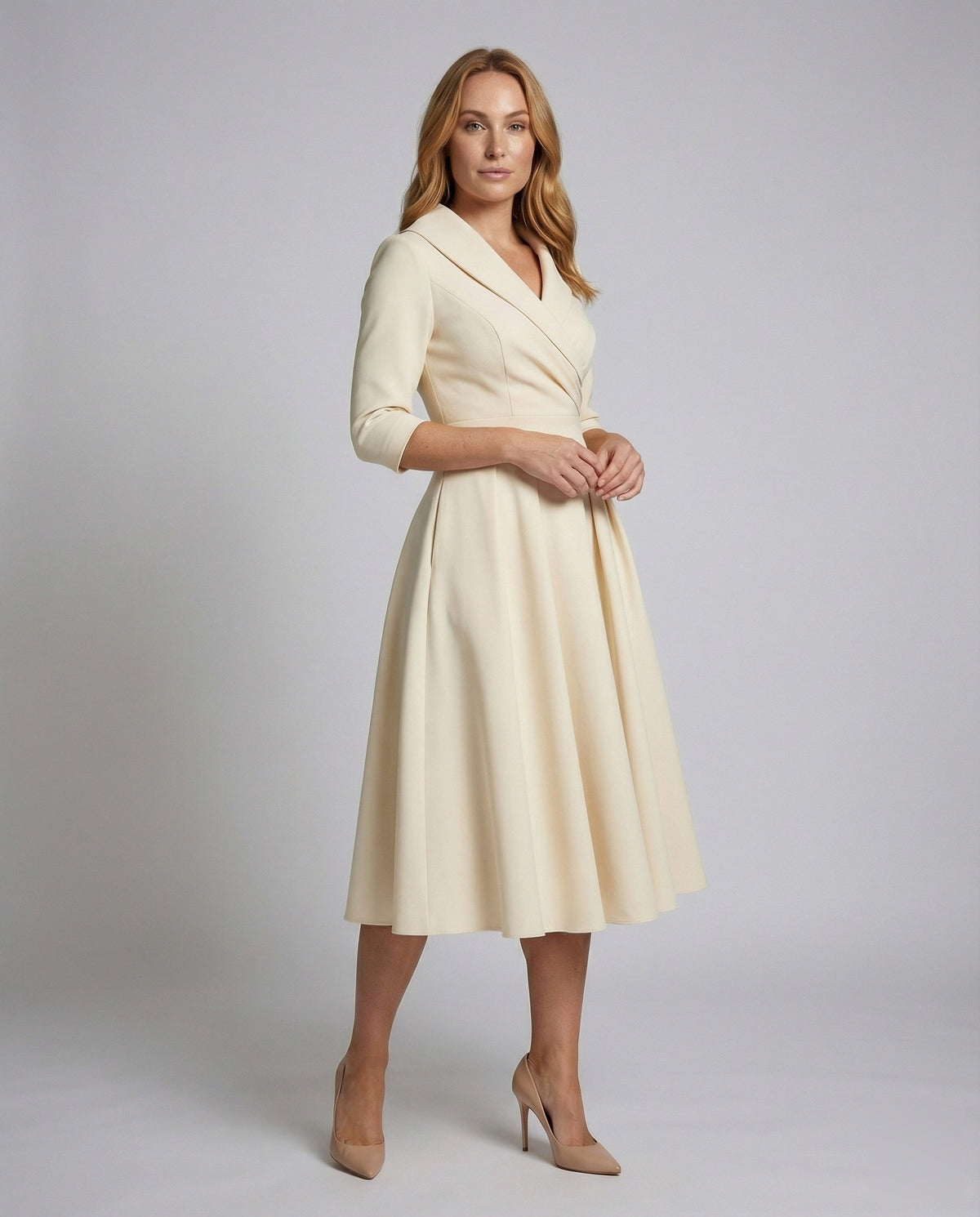 Women's Retro Midi Dress with Shawl Collar