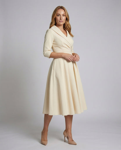 Women's Retro Midi Dress with Shawl Collar