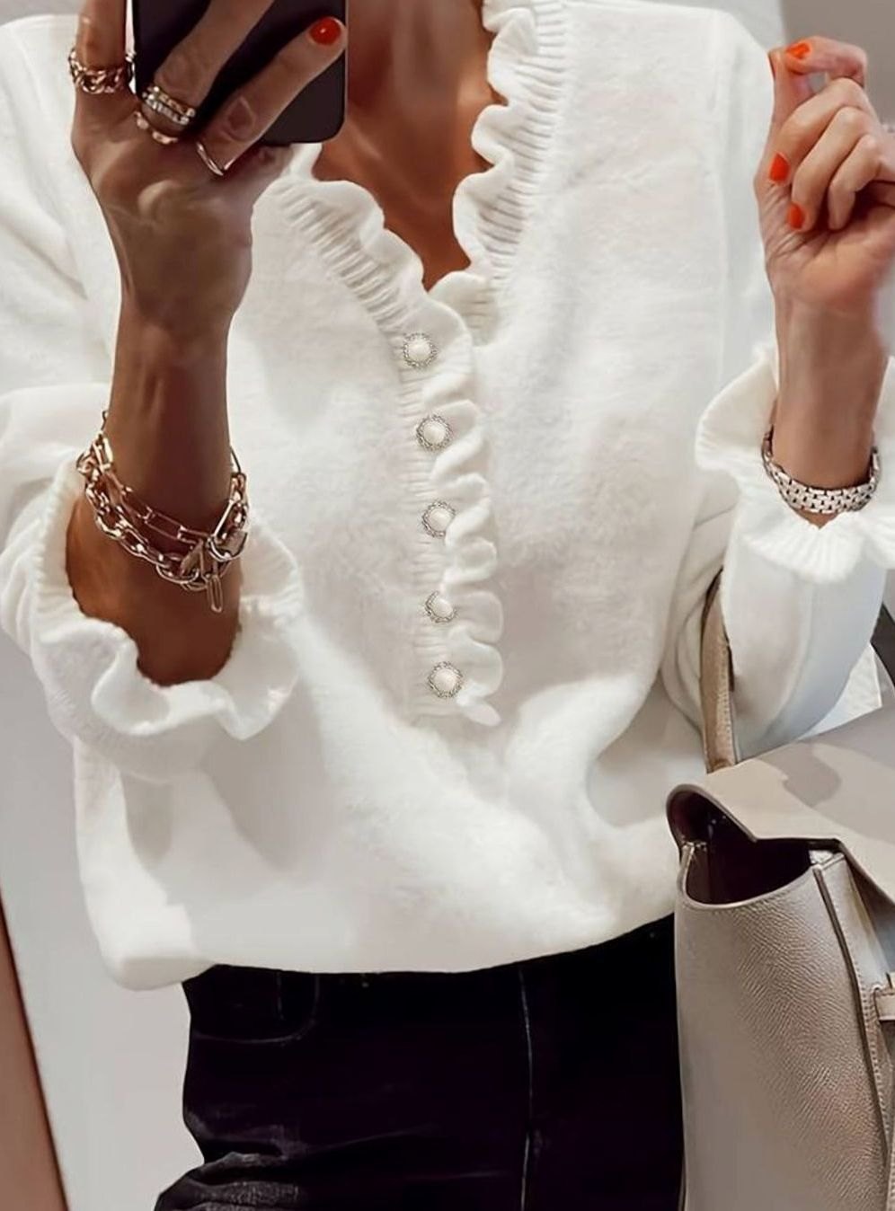Women's Ruffle V-Neck Long-Sleeve Blouse with Decorative Buttons
