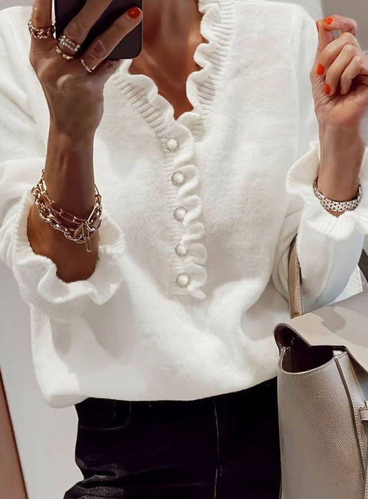 Women's Ruffle V-Neck Long-Sleeve Blouse with Decorative Buttons