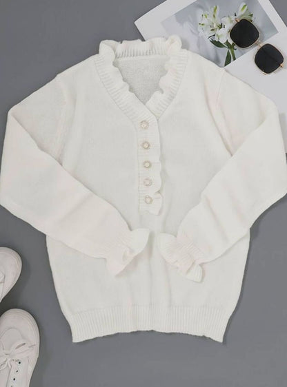 Women's Ruffle V-Neck Long-Sleeve Blouse with Decorative Buttons
