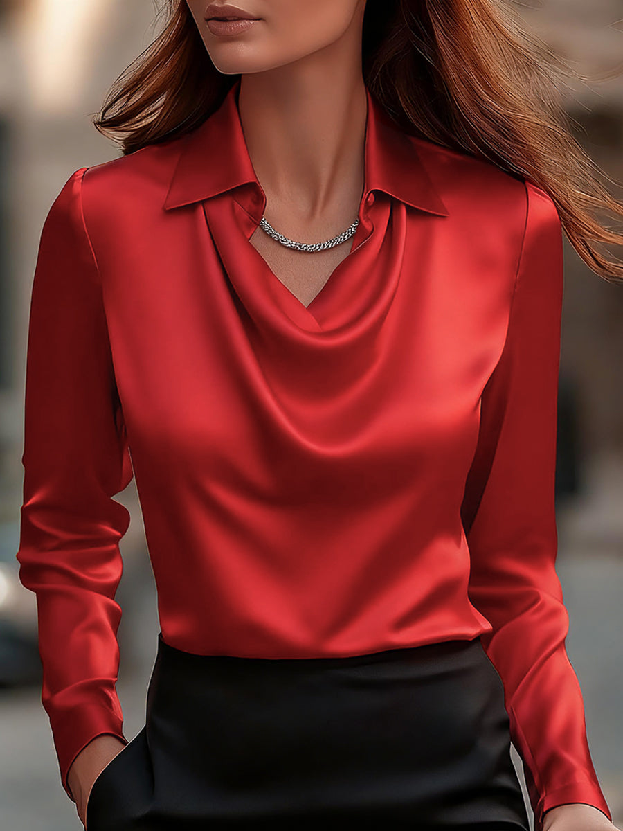 Women's Satin Blouse with Draped Neckline – Elegant and Polished