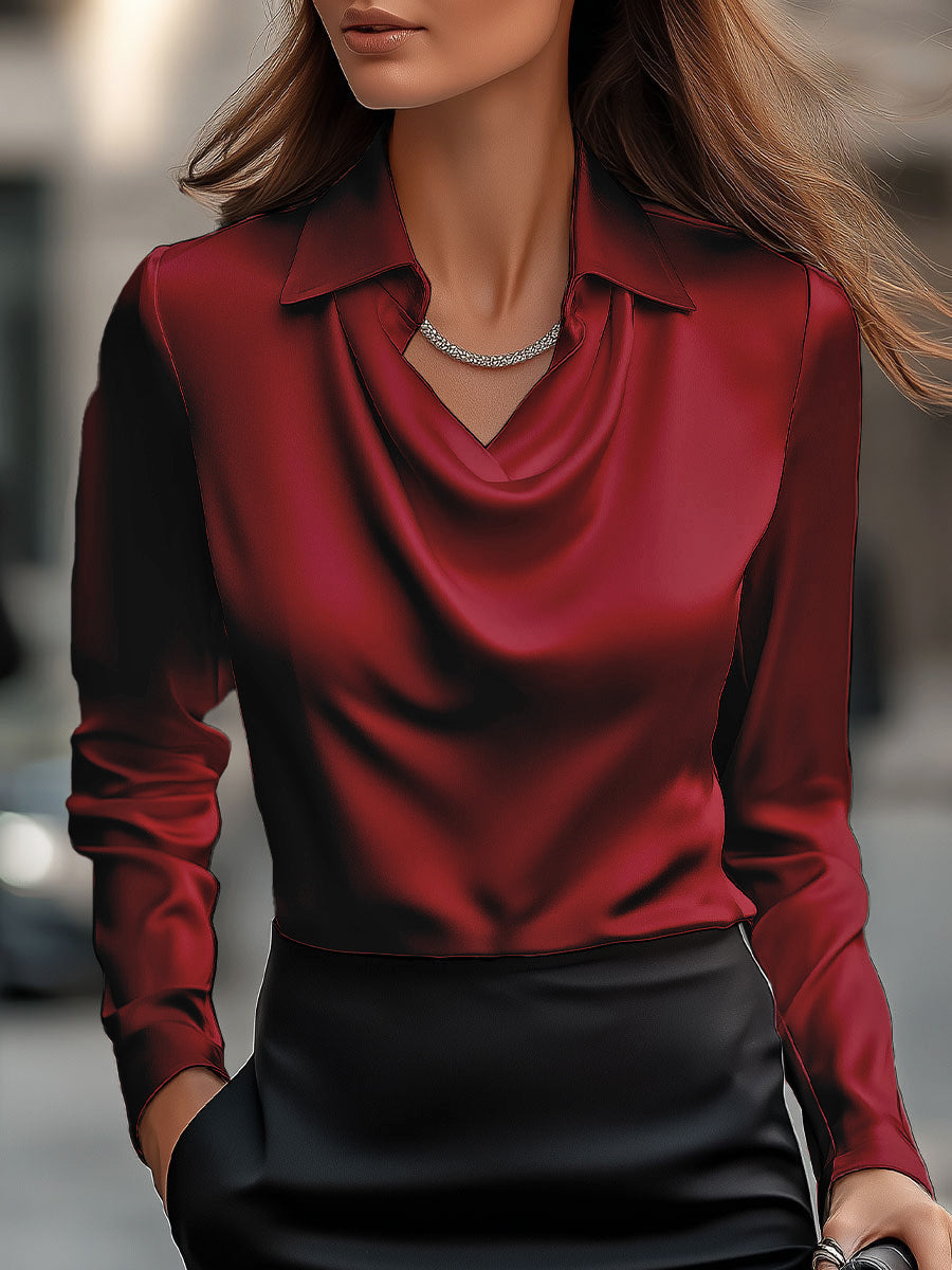 Women's Satin Blouse with Draped Neckline – Elegant and Polished