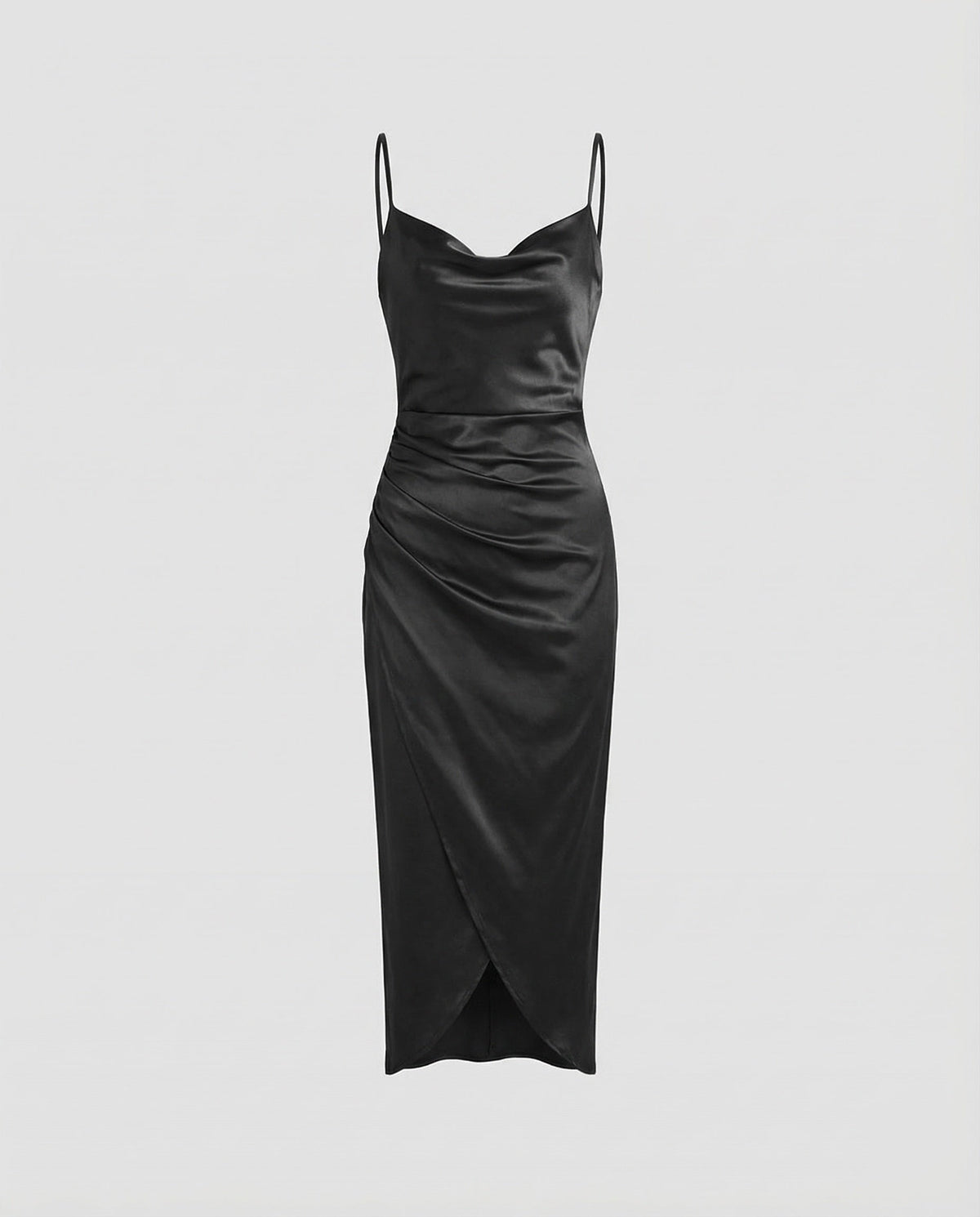 Women's Satin Cowl Neck Dress with Side Ruched Detailing