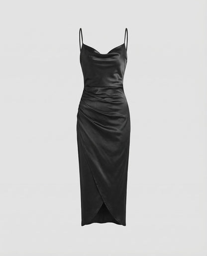 Women's Satin Cowl Neck Dress with Side Ruched Detailing