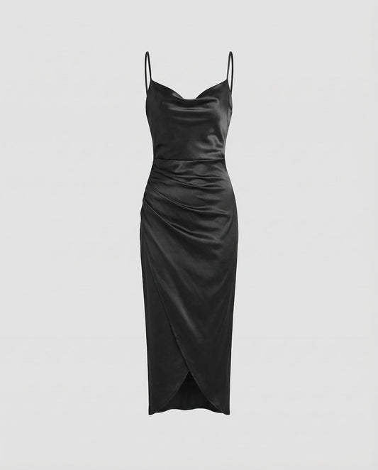 Women's Satin Cowl Neck Dress with Side Ruched Detailing