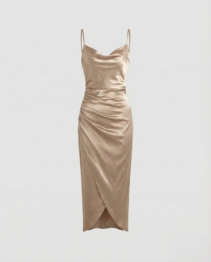 Women's Satin Cowl Neck Dress with Side Ruched Detailing