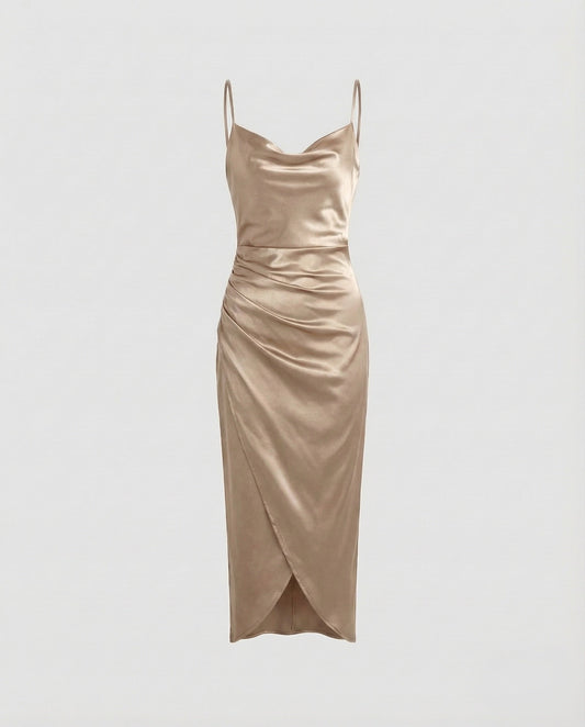 Women's Satin Cowl Neck Dress with Side Ruched Detailing