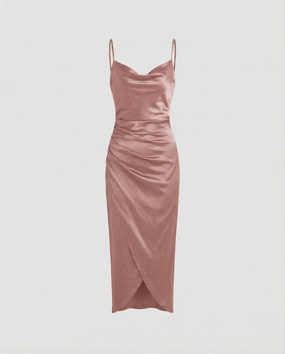 Women's Satin Cowl Neck Dress with Side Ruched Detailing