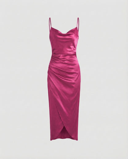 Women's Satin Cowl Neck Dress with Side Ruched Detailing