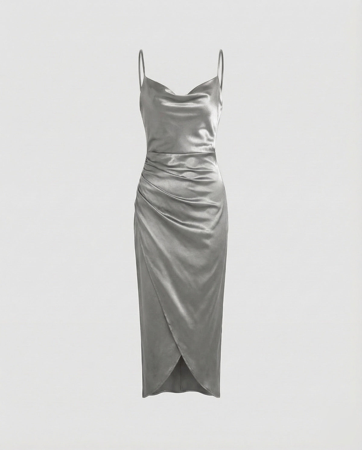 Women's Satin Cowl Neck Dress with Side Ruched Detailing