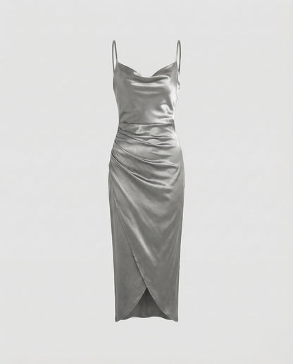 Women's Satin Cowl Neck Dress with Side Ruched Detailing